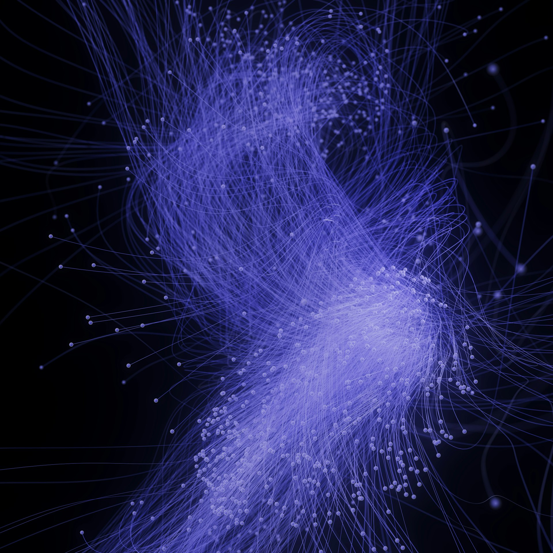 Glowing blue dots and lines on a dark background, evoking a neural network